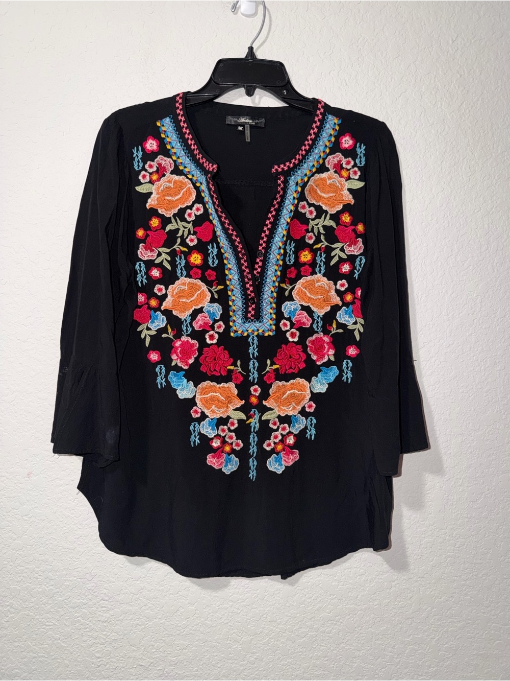 Andree by Unit Black V-Neck Tunic with Multicolor Floral Embroidery